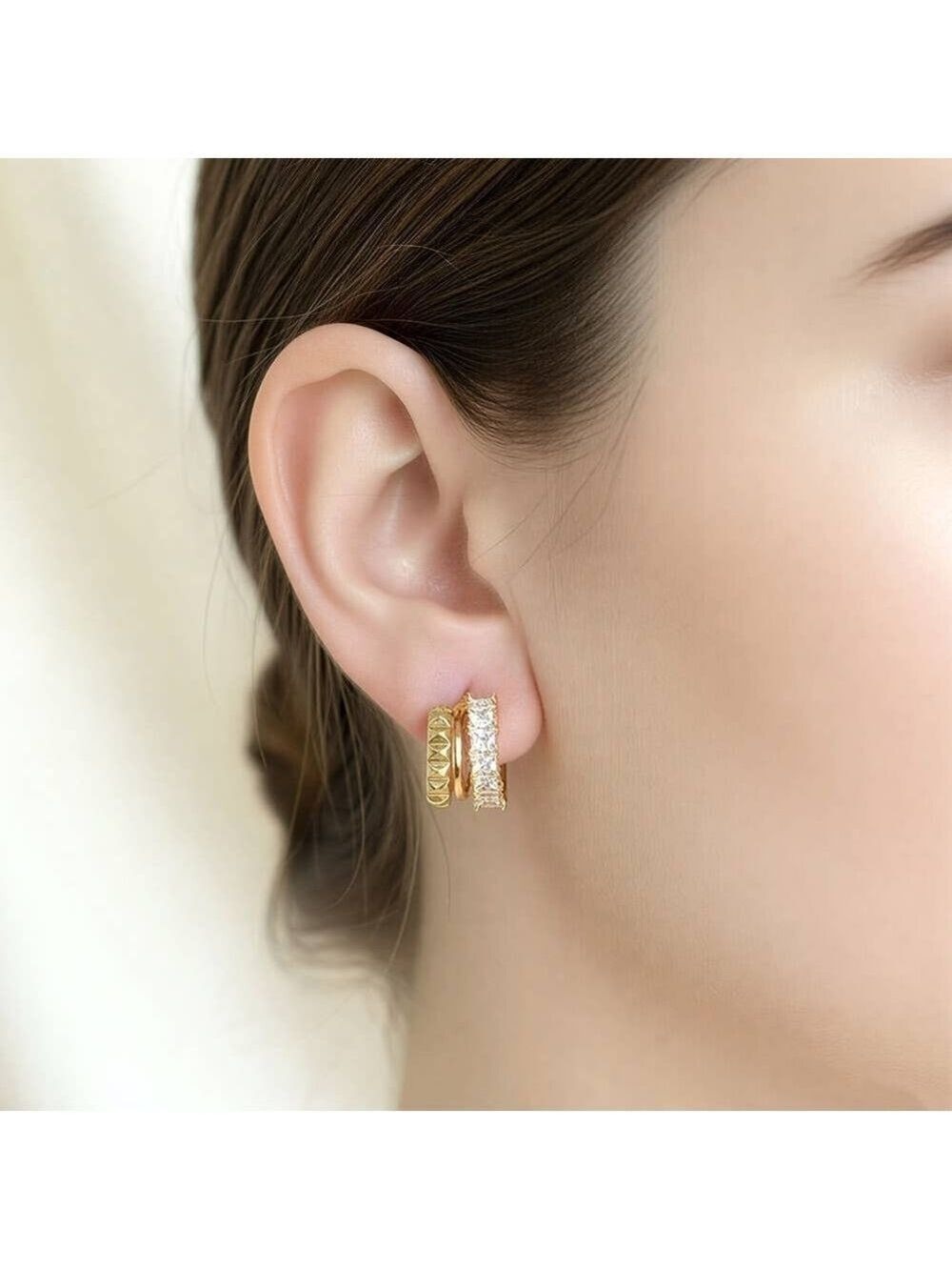 Gold Triple-Row Hoop Earrings with Clear Stones - Picture 3 of 3